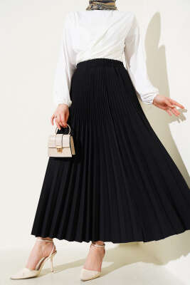 Pazarium - Çift Piliseli Bel Lastikli Etek Siyah