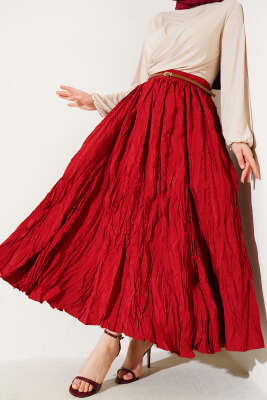 Pazarium - Pileli Bel Fermuarlı Kraş Etek Bordo