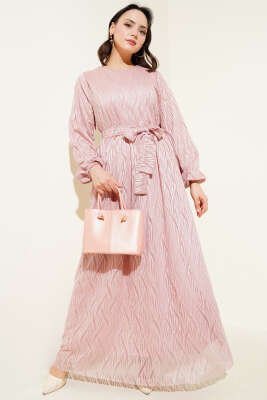 Dalga Dantelli Kuşaklı Elbise Pudra - Thumbnail