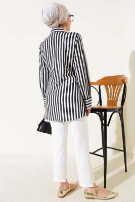 Yandan Bağlamalı Çizgili Kimono Siyah - Thumbnail