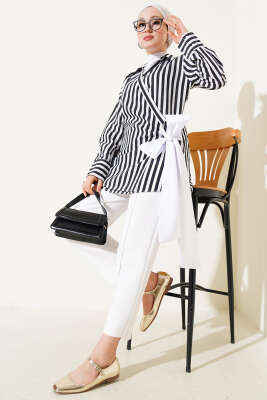 Yandan Bağlamalı Çizgili Kimono Siyah - Thumbnail