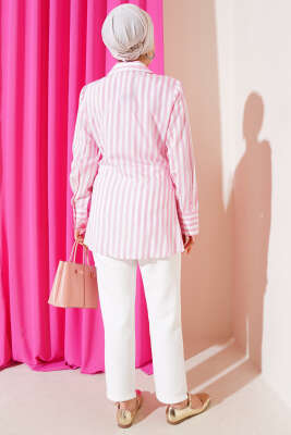 Yandan Bağlamalı Çizgili Kimono Pembe - Thumbnail