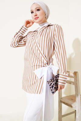 Pazarium - Yandan Bağlamalı Çizgili Kimono Camel