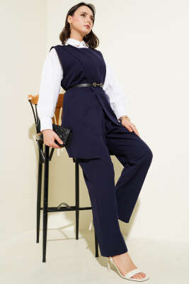 Pazarium - Omuz Düğmeli Kemerli Yelek İkili Takım Lacivert