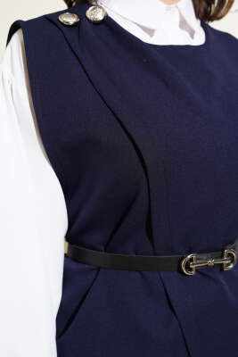 Omuz Düğmeli Kemerli Yelek İkili Takım Lacivert - Thumbnail