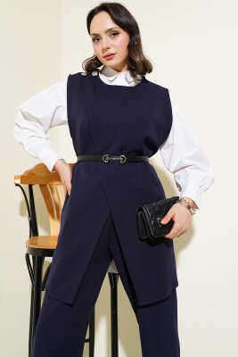 Omuz Düğmeli Kemerli Yelek İkili Takım Lacivert - Thumbnail