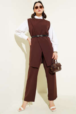 Omuz Düğmeli Kemerli Yelek İkili Takım Kahve - Thumbnail