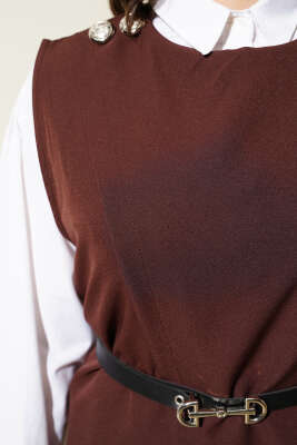 Omuz Düğmeli Kemerli Yelek İkili Takım Kahve - Thumbnail