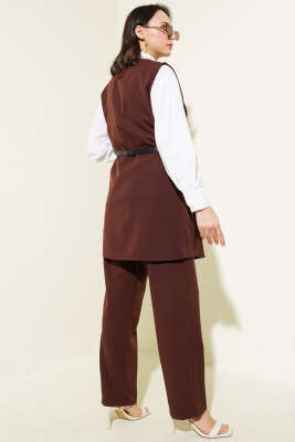 Omuz Düğmeli Kemerli Yelek İkili Takım Kahve - Thumbnail
