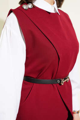 Omuz Düğmeli Kemerli Yelek İkili Takım Bordo - Thumbnail