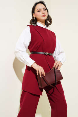 Omuz Düğmeli Kemerli Yelek İkili Takım Bordo - Thumbnail