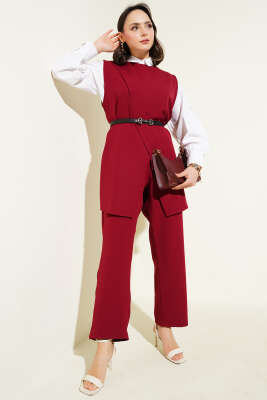 Pazarium - Omuz Düğmeli Kemerli Yelek İkili Takım Bordo