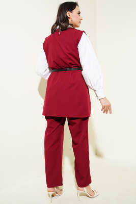 Omuz Düğmeli Kemerli Yelek İkili Takım Bordo - Thumbnail