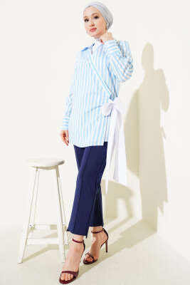 Yandan Bağlamalı Çizgili Kimono Mavi - Thumbnail