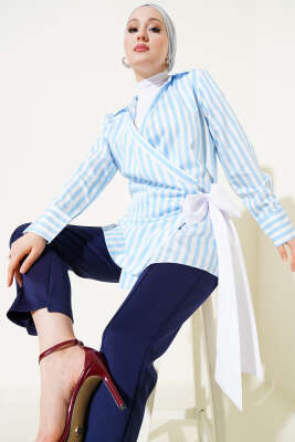 Pazarium - Yandan Bağlamalı Çizgili Kimono Mavi