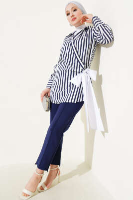 Yandan Bağlamalı Çizgili Kimono Lacivert - Thumbnail