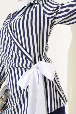 Yandan Bağlamalı Çizgili Kimono Lacivert - Thumbnail