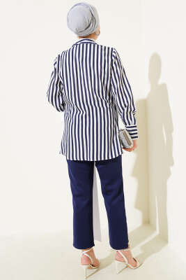 Yandan Bağlamalı Çizgili Kimono Lacivert - Thumbnail