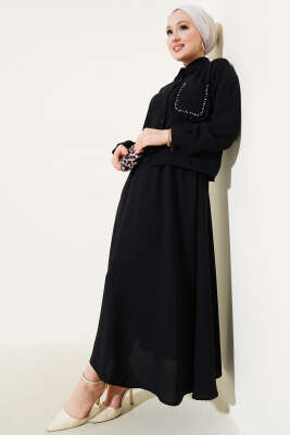 Pazarium - Cep Taşlı Fırfırlı Etekli İkili Takım Siyah