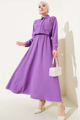 Cep Taşlı Fırfırlı Etekli İkili Takım Lila - Thumbnail