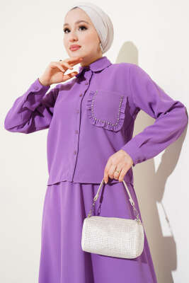 Cep Taşlı Fırfırlı Etekli İkili Takım Lila - Thumbnail