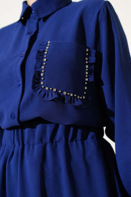 Cep Taşlı Fırfırlı Etekli İkili Takım Lacivert - Thumbnail