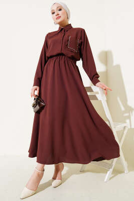 Pazarium - Cep Taşlı Fırfırlı Etekli İkili Takım Kahve