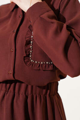 Cep Taşlı Fırfırlı Etekli İkili Takım Kahve - Thumbnail