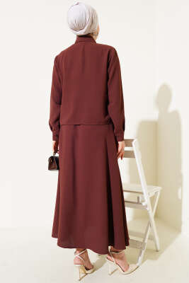 Cep Taşlı Fırfırlı Etekli İkili Takım Kahve - Thumbnail