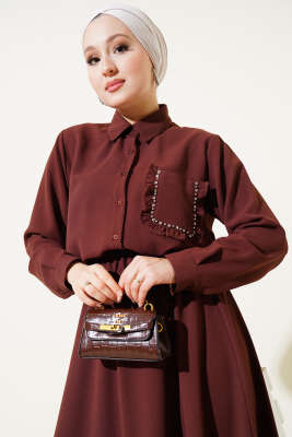 Cep Taşlı Fırfırlı Etekli İkili Takım Kahve - Thumbnail