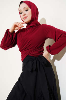 Pazarium - Bilek Lastikli Çapraz Büzgülü Bluz Bordo