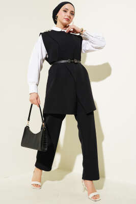 Omuz Düğmeli Kemerli Yelek İkili Takım Siyah - Thumbnail