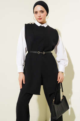 Omuz Düğmeli Kemerli Yelek İkili Takım Siyah - Thumbnail