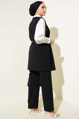 Omuz Düğmeli Kemerli Yelek İkili Takım Siyah - Thumbnail