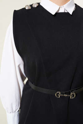 Omuz Düğmeli Kemerli Yelek İkili Takım Siyah - Thumbnail