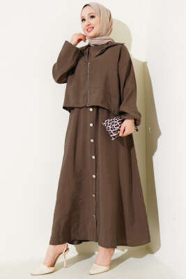 Pazarium - Bel Lastikli Düğme Detaylı Elbise Takım Kahve