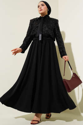 Pazarium - Yaka Kurdeleli Pul Payet İkili Takım Siyah