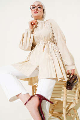 Pazarium - Pileli Fermuarlı Kap Bej