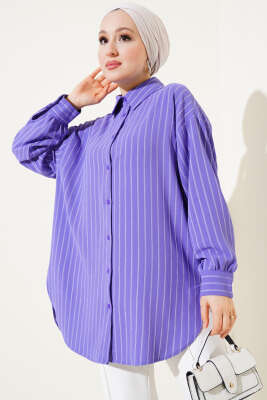 Pazarium - Dik Çizgili Salaş Gömlek Menekşe