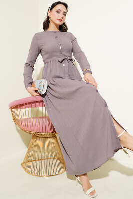 Pazarium - Boydan Düğmeli Kuşaklı Basic Elbise Vizon