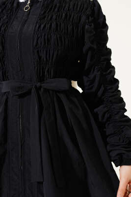 Büzgülü Fermuarlı Kuşaklı Ceket Siyah - Thumbnail