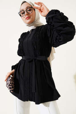Büzgülü Fermuarlı Kuşaklı Ceket Siyah - Thumbnail