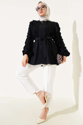 Büzgülü Fermuarlı Kuşaklı Ceket Siyah - Thumbnail