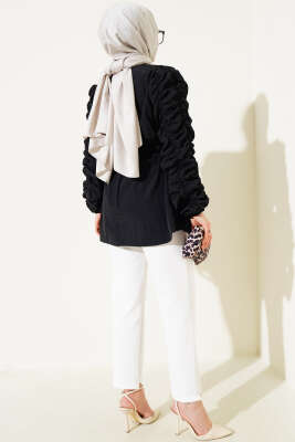 Büzgülü Fermuarlı Kuşaklı Ceket Siyah - Thumbnail