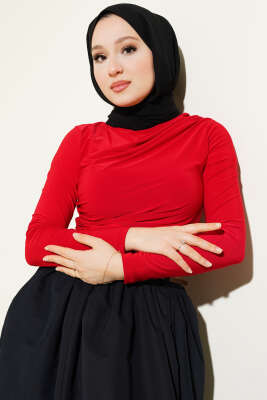 Pazarium - Yanları Büzgülü Sandy Bluz Kırmızı