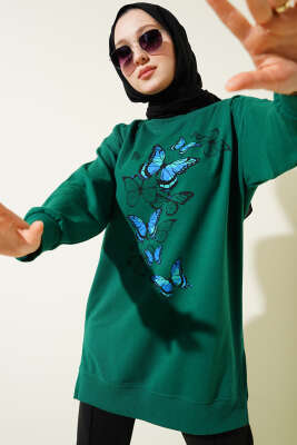 Pazarium - Kelebek Baskılı İki İplik Tunik Yeşil