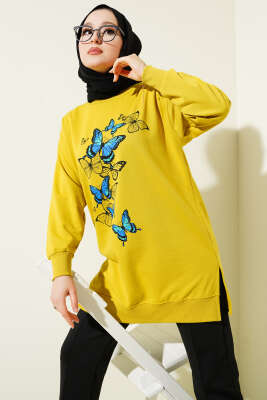 Pazarium - Kelebek Baskılı İki İplik Tunik Yağ Yeşili