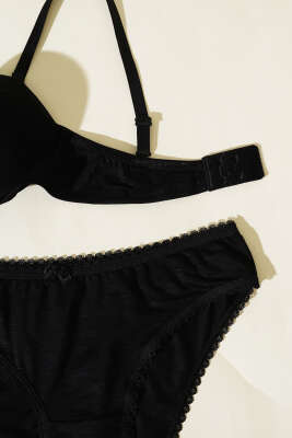 Destekli Kendinden Desenli Sütyen Takım Siyah - Thumbnail