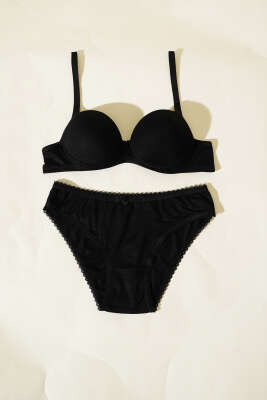 Destekli Kendinden Desenli Sütyen Takım Siyah - Thumbnail