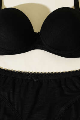 Destekli Kendinden Desenli Sütyen Takım Siyah - Thumbnail